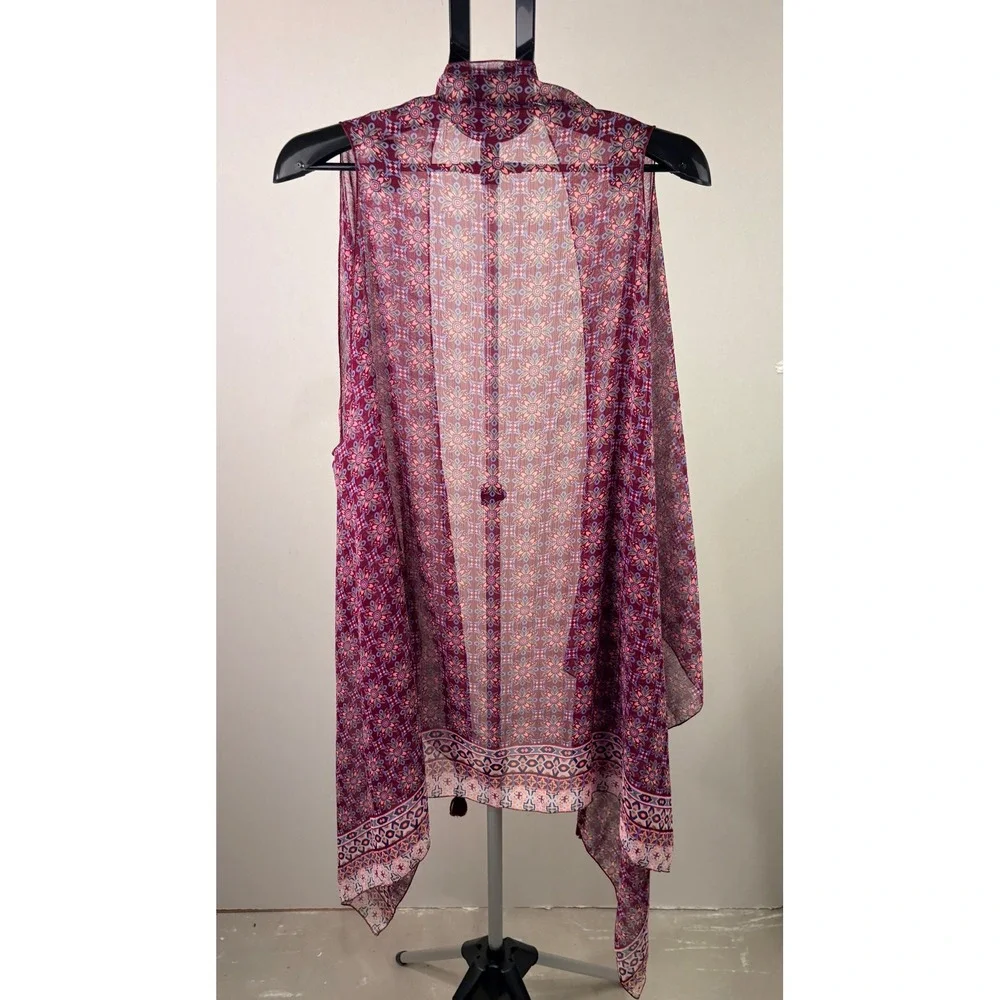 Dressbarn Womens OS Magenta Purple Floral‎ Sheer Open Front Kimono Vest Tassels